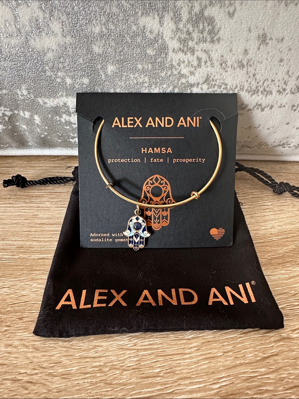 Alex and Ani Gold Hamsa Charm Bangle with Blue and White Enamel